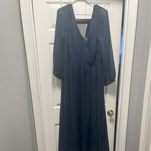 David's Bridal Long Sleeve Chiffon Dress with Slit in Marine Size 26